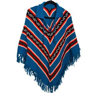 Chevron Aztec Pattern Knit Poncho With Fringe Hem